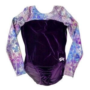 GK Elite AM Purple Velvet Foiled Floral Rainbow LS Logo Leotard VTG Adult M